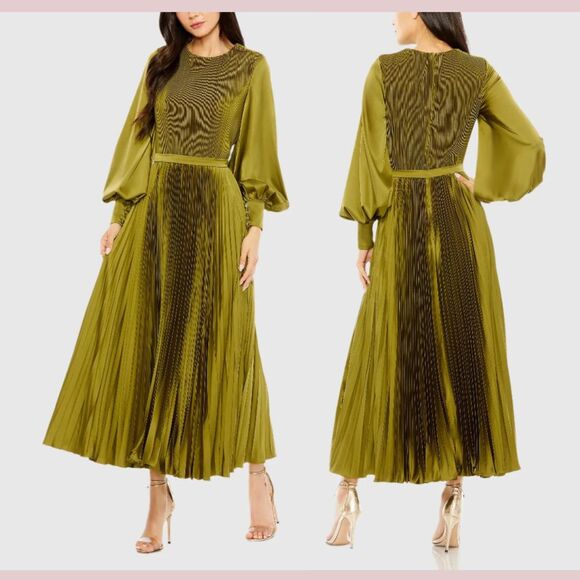 NWD IEENA Mac Duggal [ 12 ] Long Sleeve High Neck Heat Pleated Dress Olive Green - Picture 1 of 16